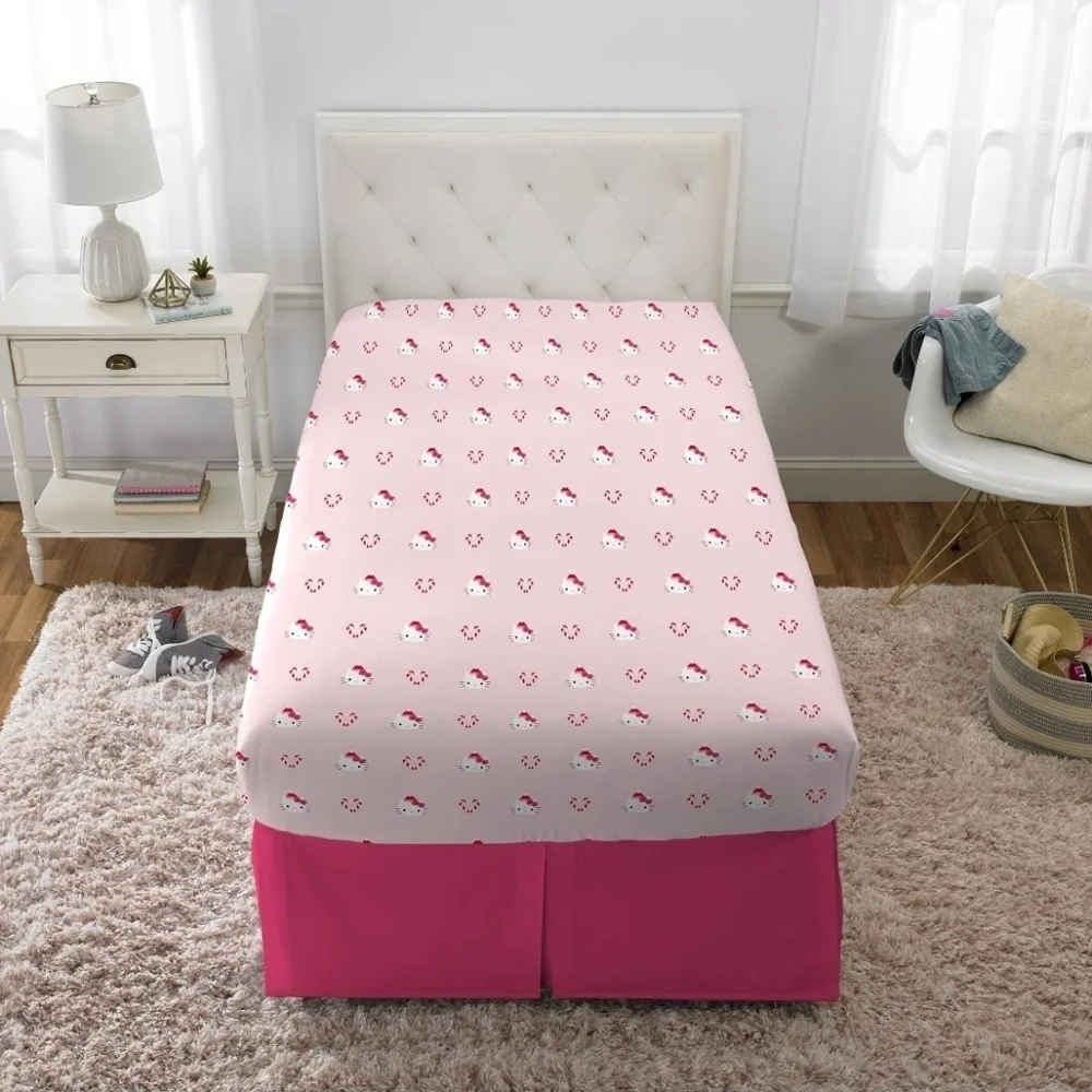 New pink Hello Kitty Twin Sheet Set Christmas candy cane Valentine's heart print